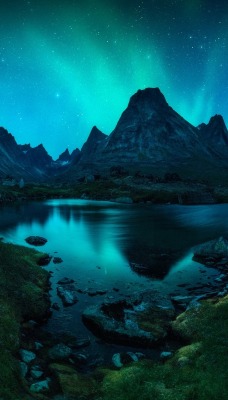 горы северное сияние озеро ночь