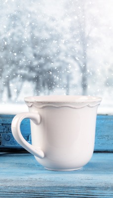 чашка окно утро снег
