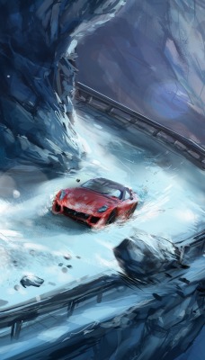 графика автомобиль красный спортивный снег зима