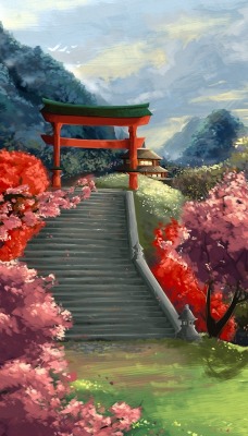 природа графика япония река горы цветы деревья nature graphics Japan river mountains flowers trees