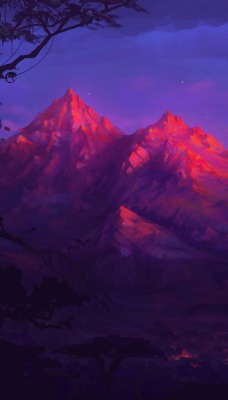 горы рисунок закат красный