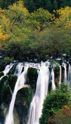 Waterfall Cascading in Nine-Village Valley, Sichuan, China