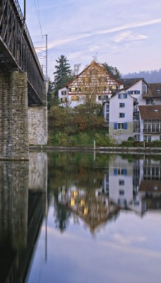 Colorful Homes Reflecting on Rhine River, Schaffhausen, Switzerland