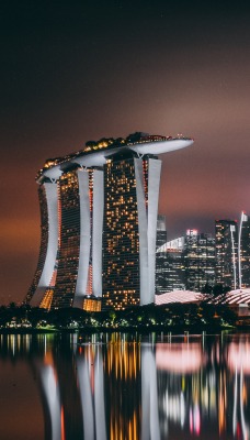 сингапур город огни ночь отражение свечение