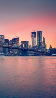 нью-йорк река мост сумерки вечер небоскребы