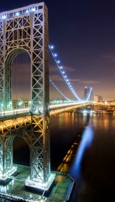 мост река ночной город огни ночного города