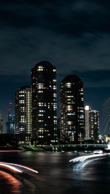 город ночь здания огни река