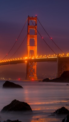 мост огни река вечер