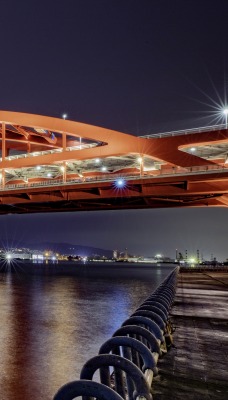 мост ночь подсветка река огни