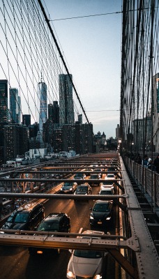 сша нью-йорк мост тросса город вечер