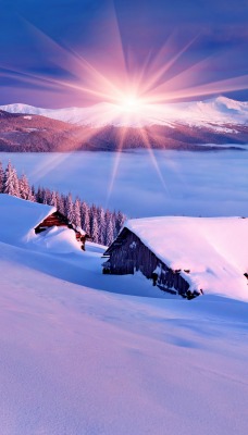 снег зима горы солнце лучи