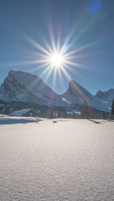 зима снег горы солнце лучи утро зимнее утро