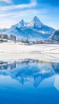 зима озеро горы снег отражение