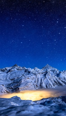 горы ночь огни звезды снег