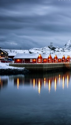 норвегия горы озеро снег деревня зима