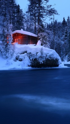 река лес снег дом