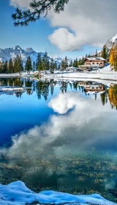 снег зима озеро штиль облака