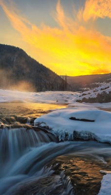 водопад река зема холмы рассвет