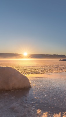 рассвет снег иней водоем озеро