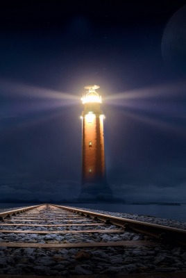 маяк железная дорога ночь свет огни