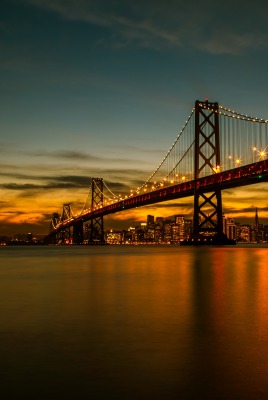 мост река город вечер закат