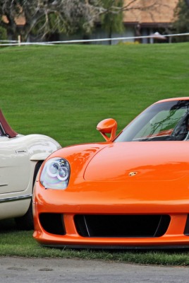 оранжевый Porsche на лужайке
