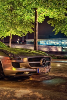 Mercedes SLS HDR стоянка деревья