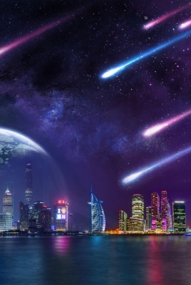 небоскребы город фантастика планеты огни ночного города астероиды горизонт звезды космос