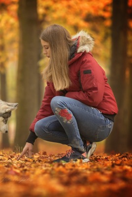 девушка хаски осень лес листва деревья