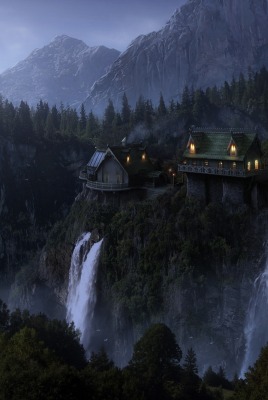 фантастика деревня водопад скала обрыв