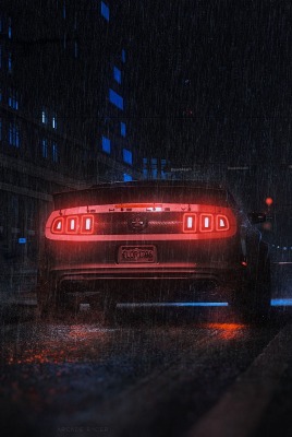 автомобиль мустанг форд фары вид сзади дождь город