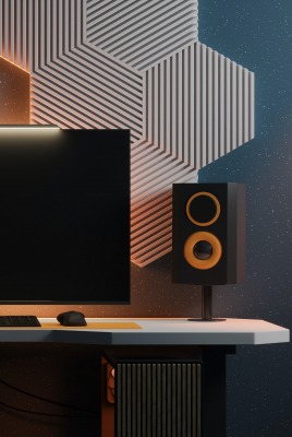 компьютер колонки стол монитор интерьер