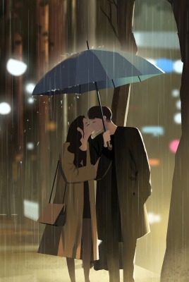 пара влюбленные под зонтом улица рисунок