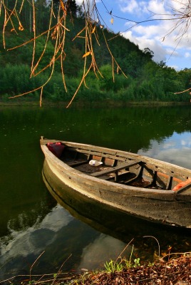 Деревянная лодка у берега