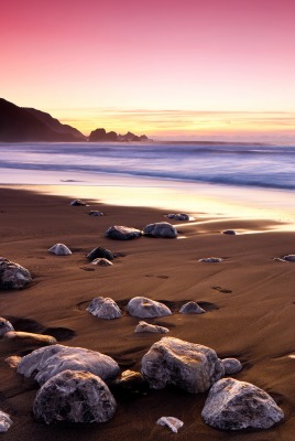 Пляж, вода, закат, камни, песок, волны