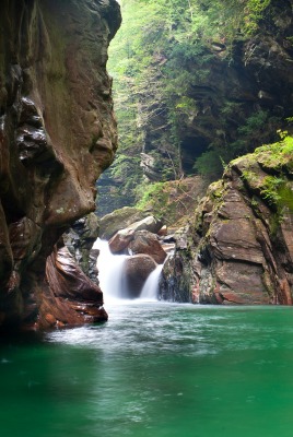 Зеленая вода между камней