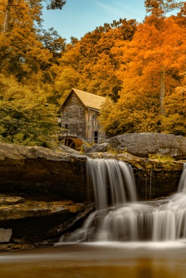 природа водопад деревья осень дом nature waterfall trees autumn the house