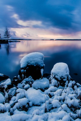 снег озеро вечер snow the lake evening