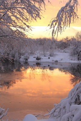 закат снег речка sunset snow the river