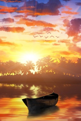 лодка рисунок закат озеро