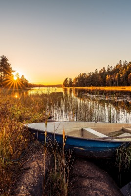 рассвет осень лодка река