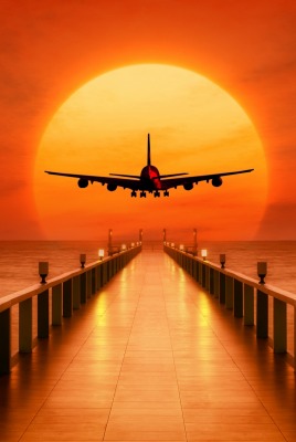 самолет море солнце мост