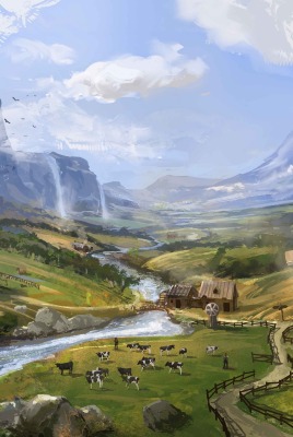 Картина деревня река
