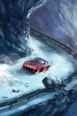 графика автомобиль красный спортивный снег зима