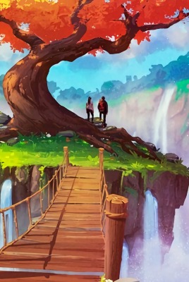 рисунок дерево мост водопады