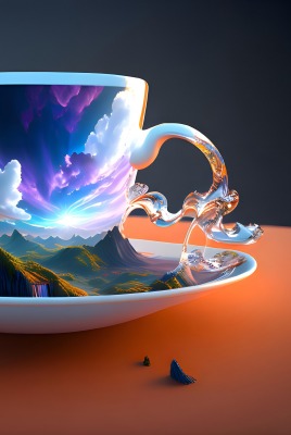 чашка блюдце пейзаж компьютерная графика