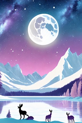 зима природа олени рисунок луна горы снег минимализм