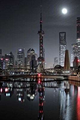 огни Китай мост ночь город Шанхай