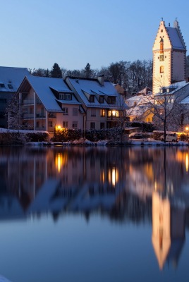 городок река вечер сумерки зима