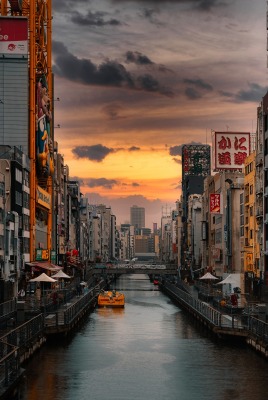 осака япония город река закат мост лодка архитектура здание